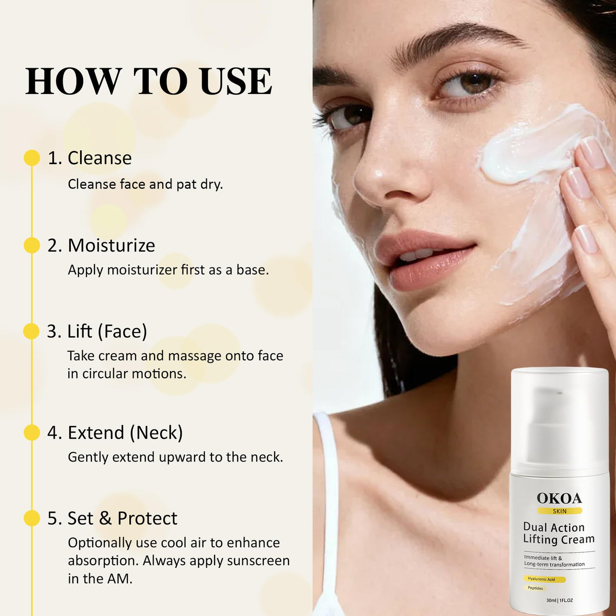 SHAPEGUARD OKOA SKIN being applied in a morning routine for quick firming and makeup base