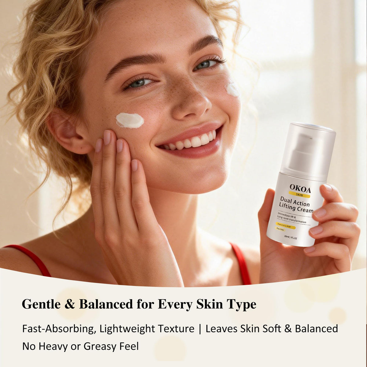 SHAPEGUARD OKOA SKIN label close-up showing peptide and hyaluronic acid ingredients for clarity