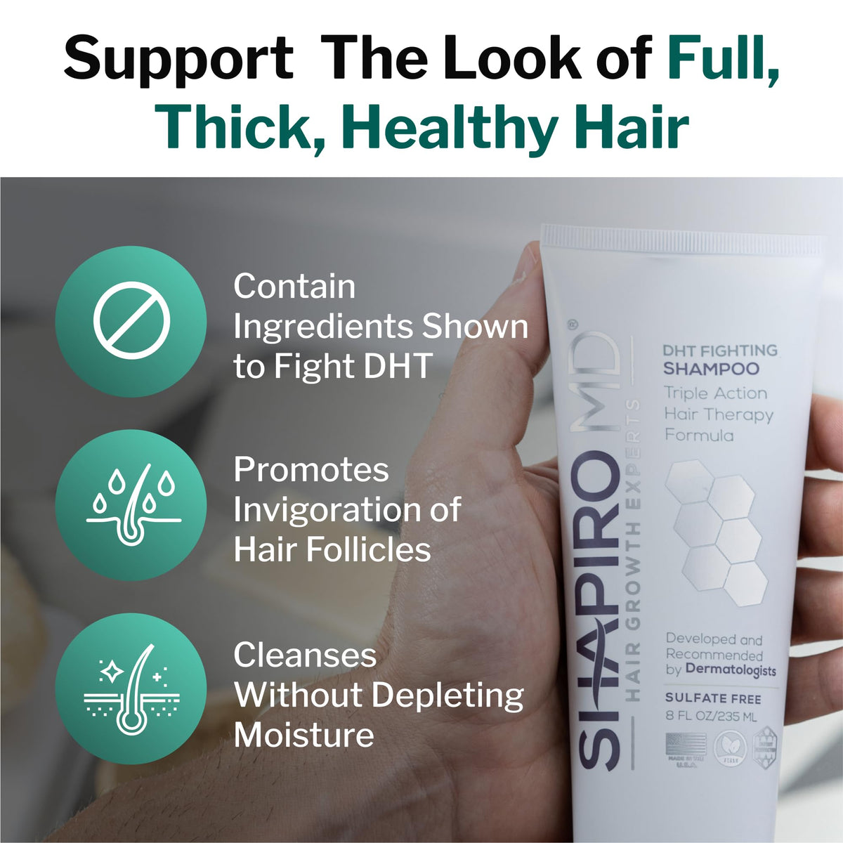 Shapiro MD shampoo with matching conditioner illustrating fuller hair routine benefit