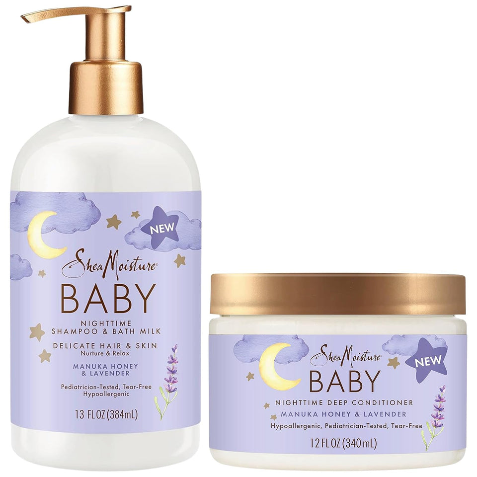 Shea Moisture front packaging of baby nighttime shampoo and conditioner, calming bedside use
