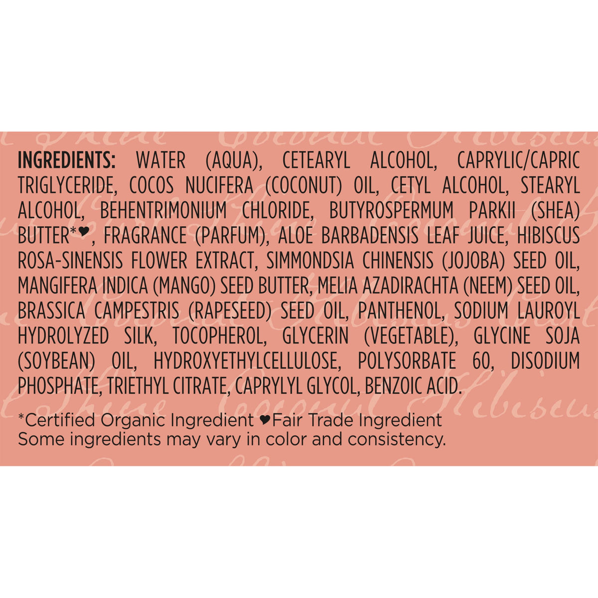 Shea Moisture back label with ingredient highlights and fair-trade note