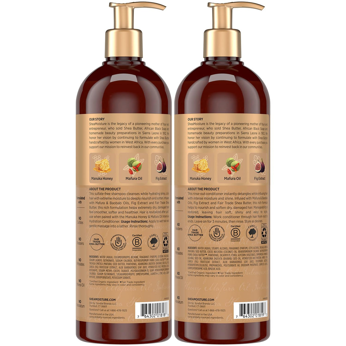 Shea Moisture label close-up highlighting Manuka honey and Mafura oil