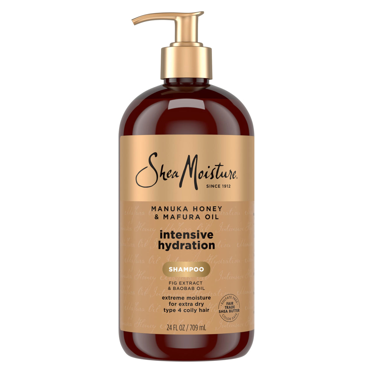 Shea Moisture front bottle showing Manuka Honey and Mafura Oil for deep hydration