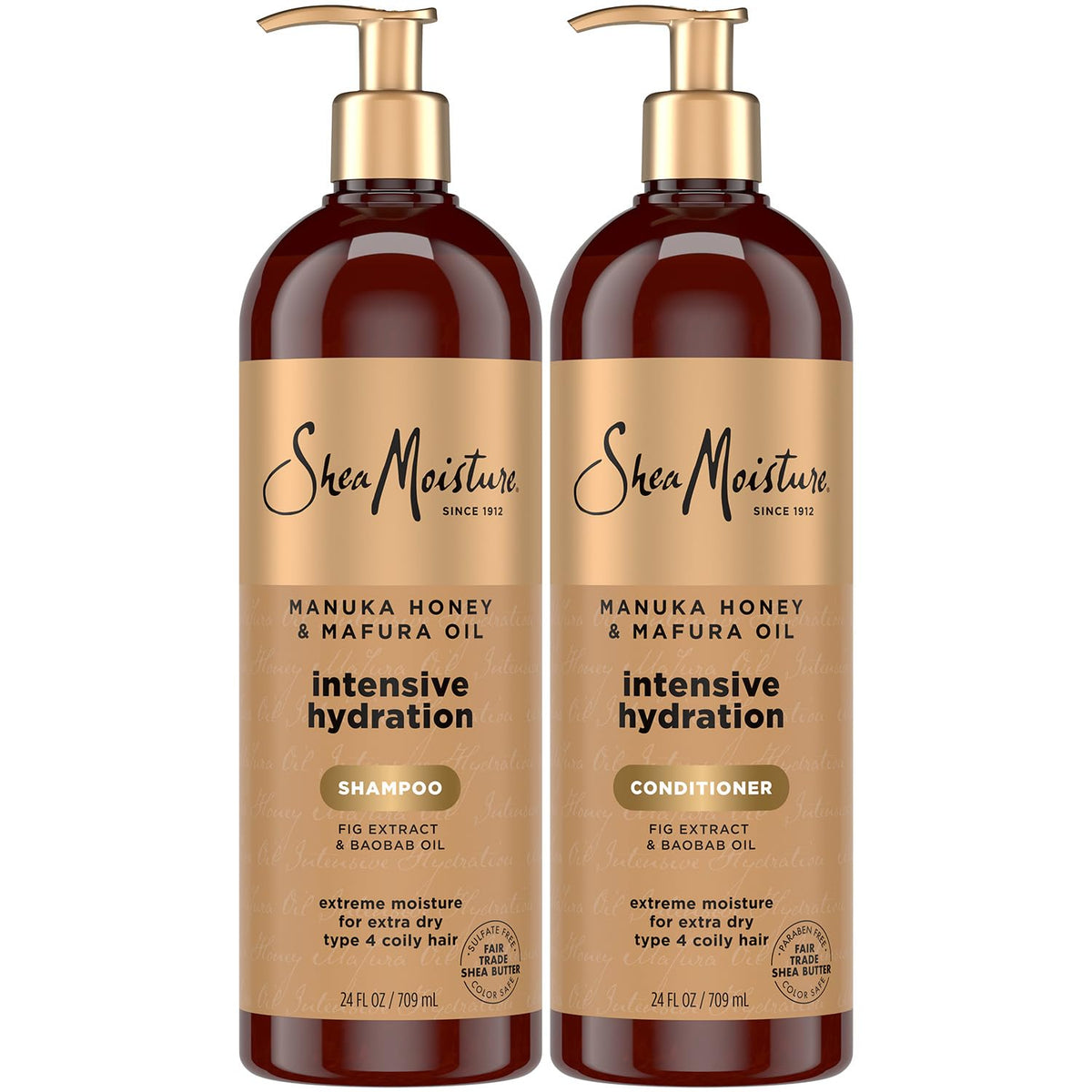 Shea Moisture front packaging showing both 24 oz bottles and benefits