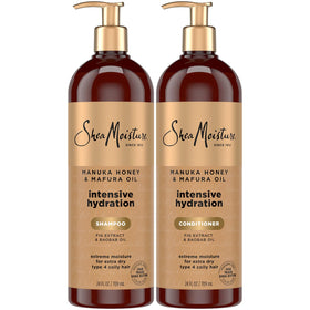 Shea Moisture front packaging showing both 24 oz bottles and benefits