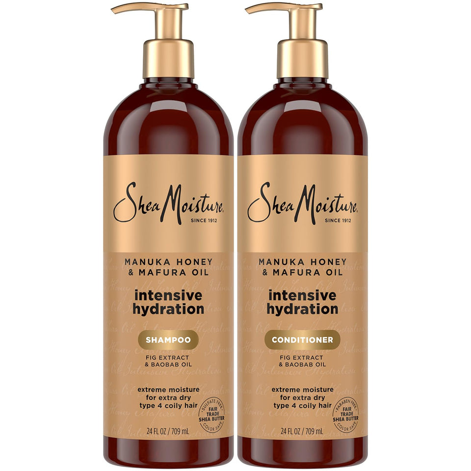 Shea Moisture front packaging showing both 24 oz bottles and benefits