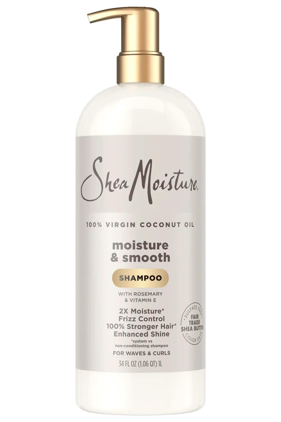 Shea Moisture bottle front packaging shows label and benefits for hydrated curls