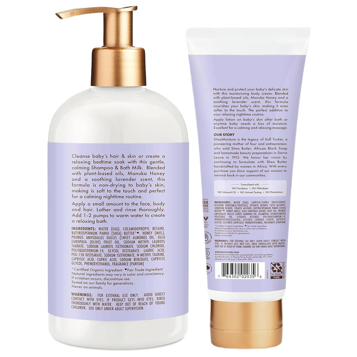 Shea Moisture ingredient label closeup highlighting manuka honey and lavender benefits