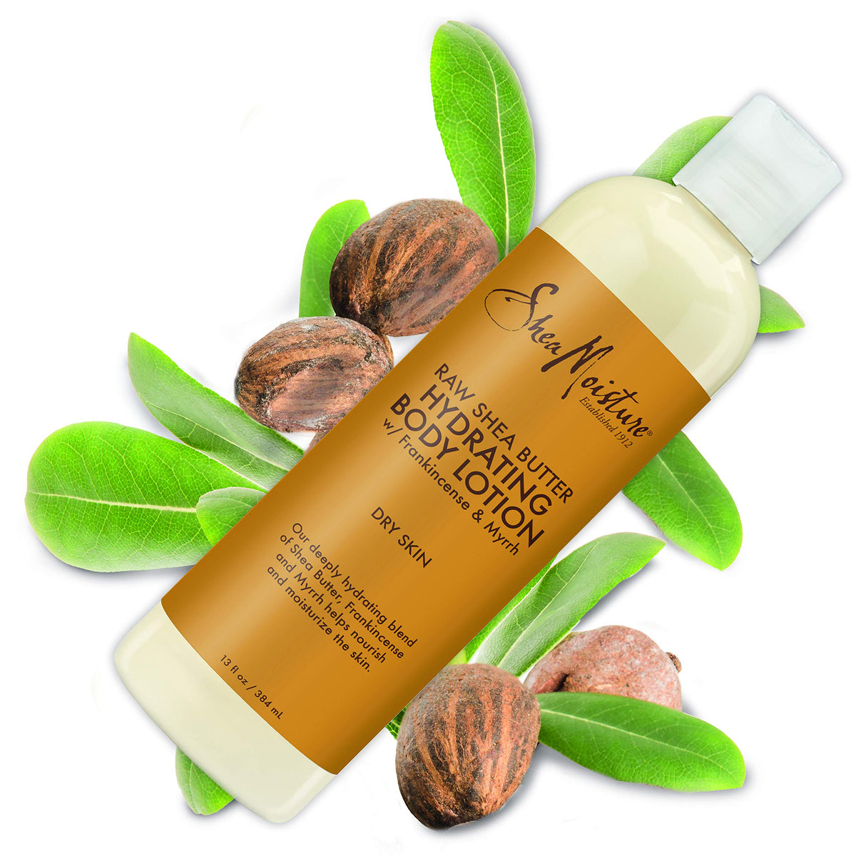 Shea Moisture 13 oz bottle next to common object to show true scale benefit
