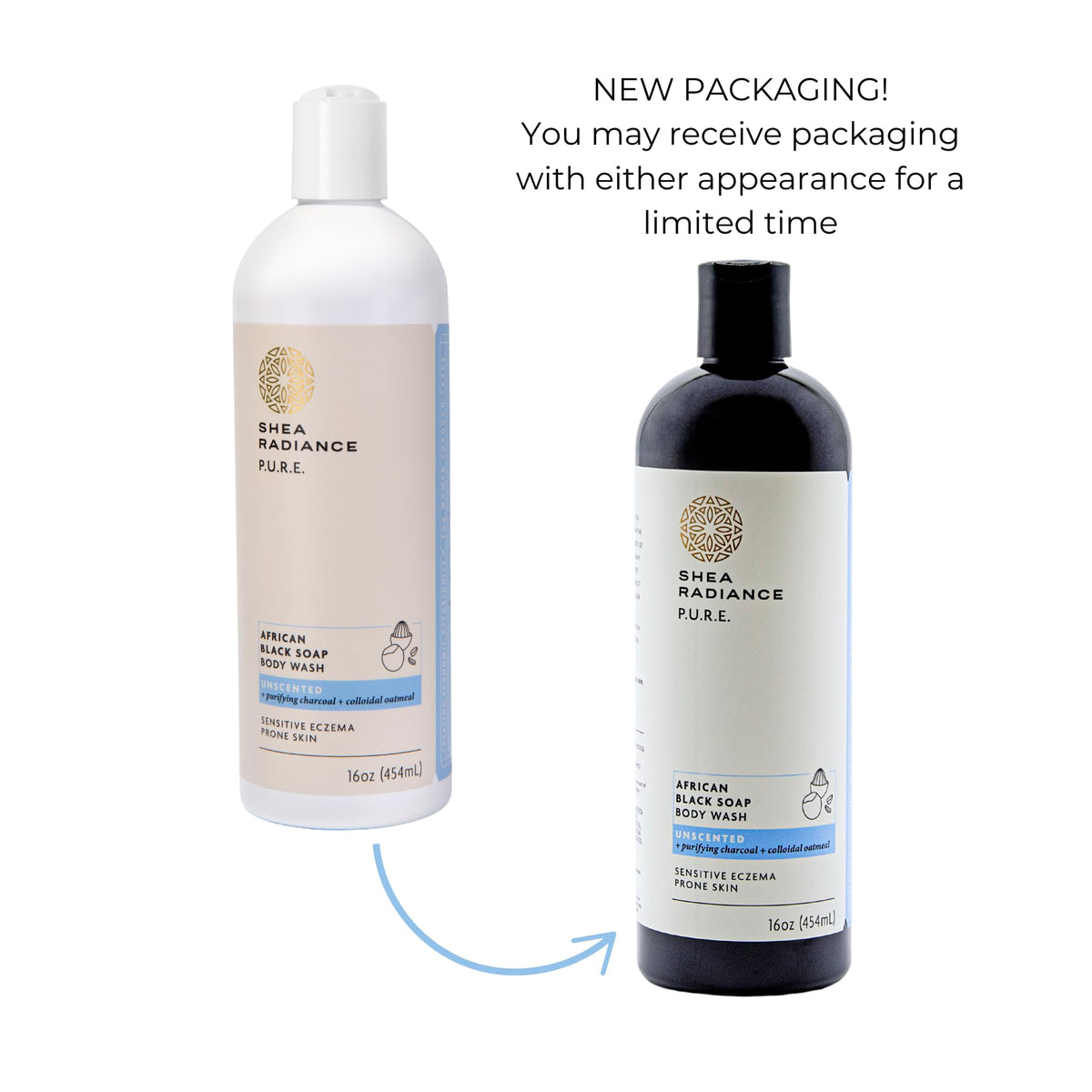 Shea Radiance body wash in use under shower providing gentle cleanse