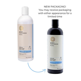 Shea Radiance body wash in use under shower providing gentle cleanse