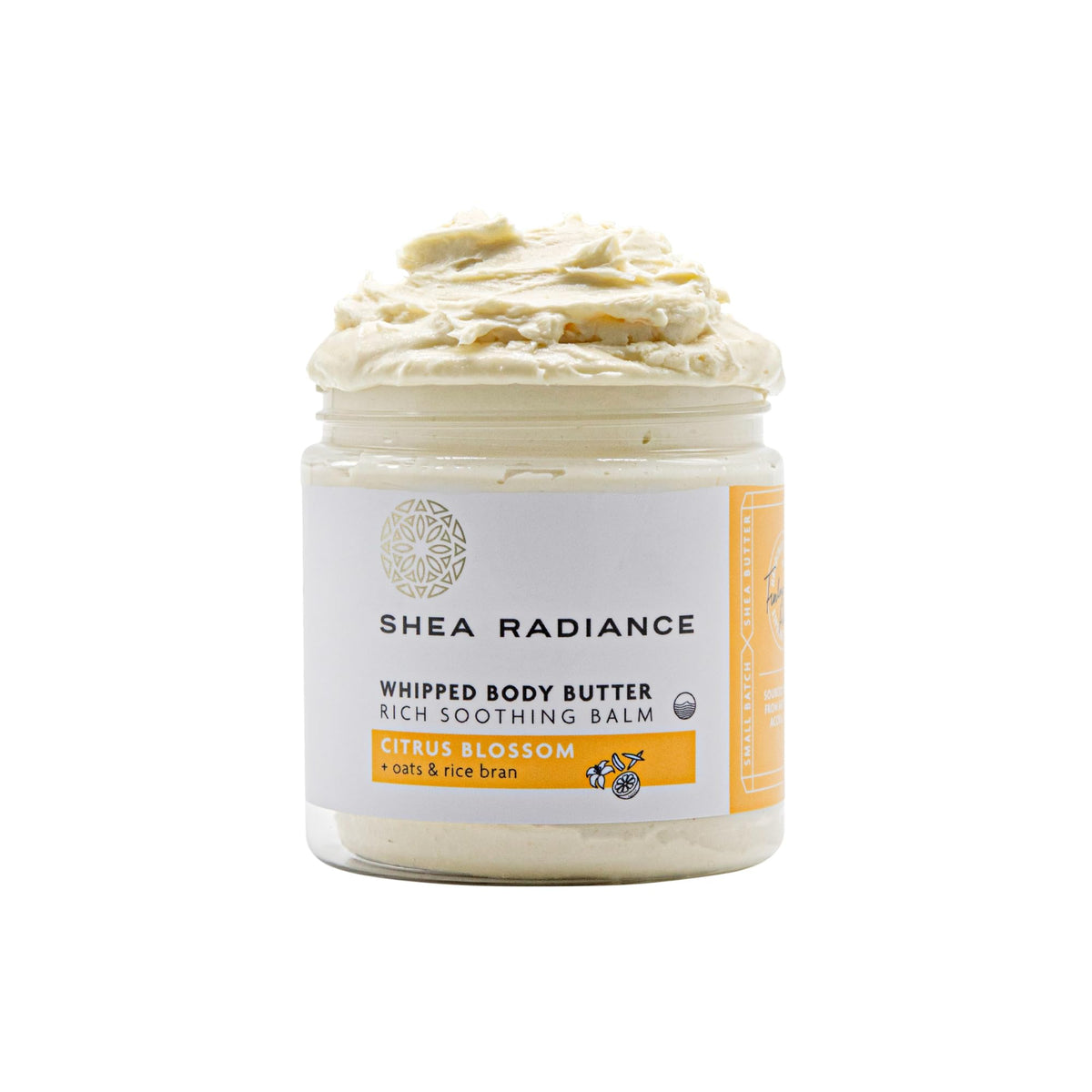 Shea Radiance jar front view showing citrus blossom label and nourishing benefit