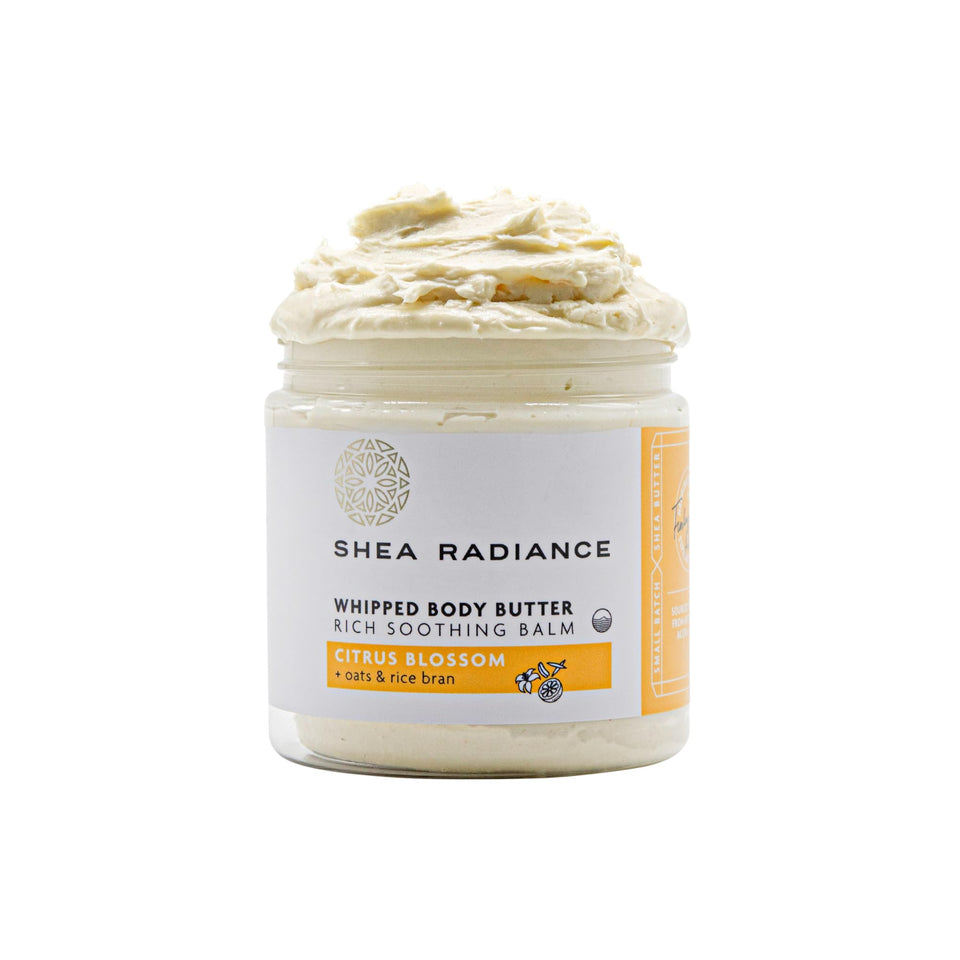 Shea Radiance jar front view showing citrus blossom label and nourishing benefit