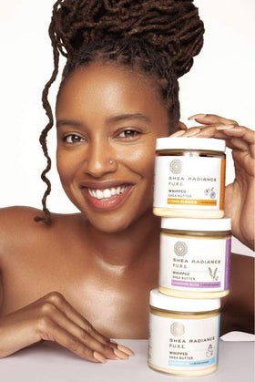 Flatlay of Shea Radiance with colloidal oatmeal and rice bran oil highlighting natural ingredients benefit
