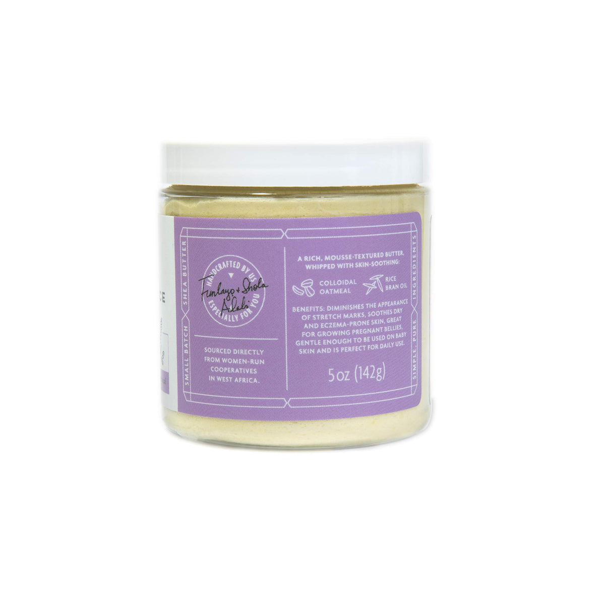 Open jar of Shea Radiance whipped butter showing creamy whip for easy scooping benefit