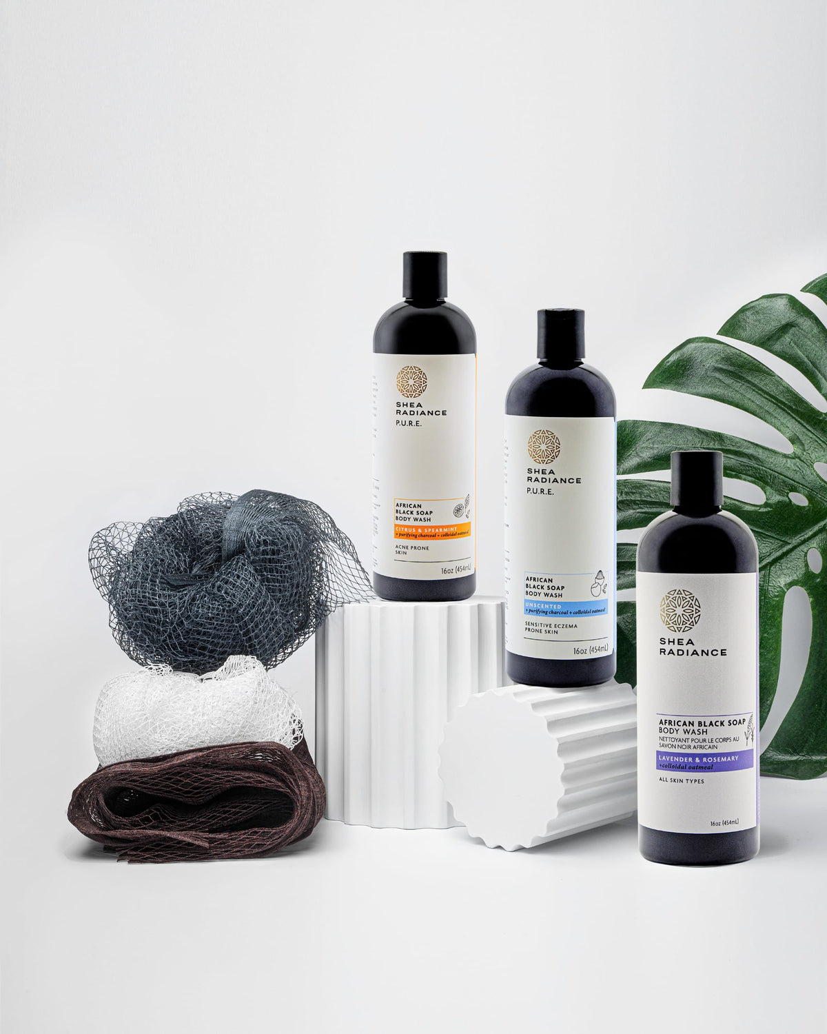 Shea Radiance label close-up listing natural ingredients and clean formula