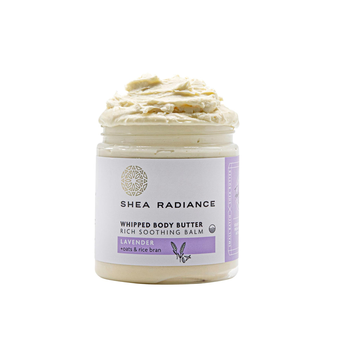 Shea Radiance jar front view showing Lavender Bliss label and calming packaging benefit