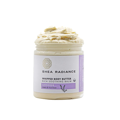 Shea Radiance jar front view showing Lavender Bliss label and calming packaging benefit