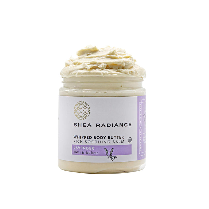 Shea Radiance jar front view showing Lavender Bliss label and calming packaging benefit