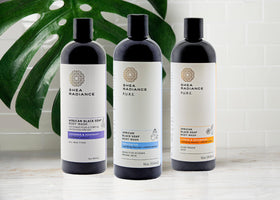 Shea Radiance 16 oz bottle held in hand to show product size