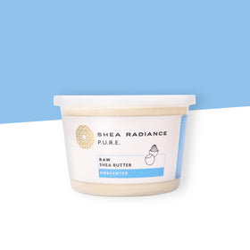 Shea Radiance jar beside common object to show 14 oz size