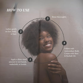 Shea Radiance creamy lather texture demonstrating gentle cleansing