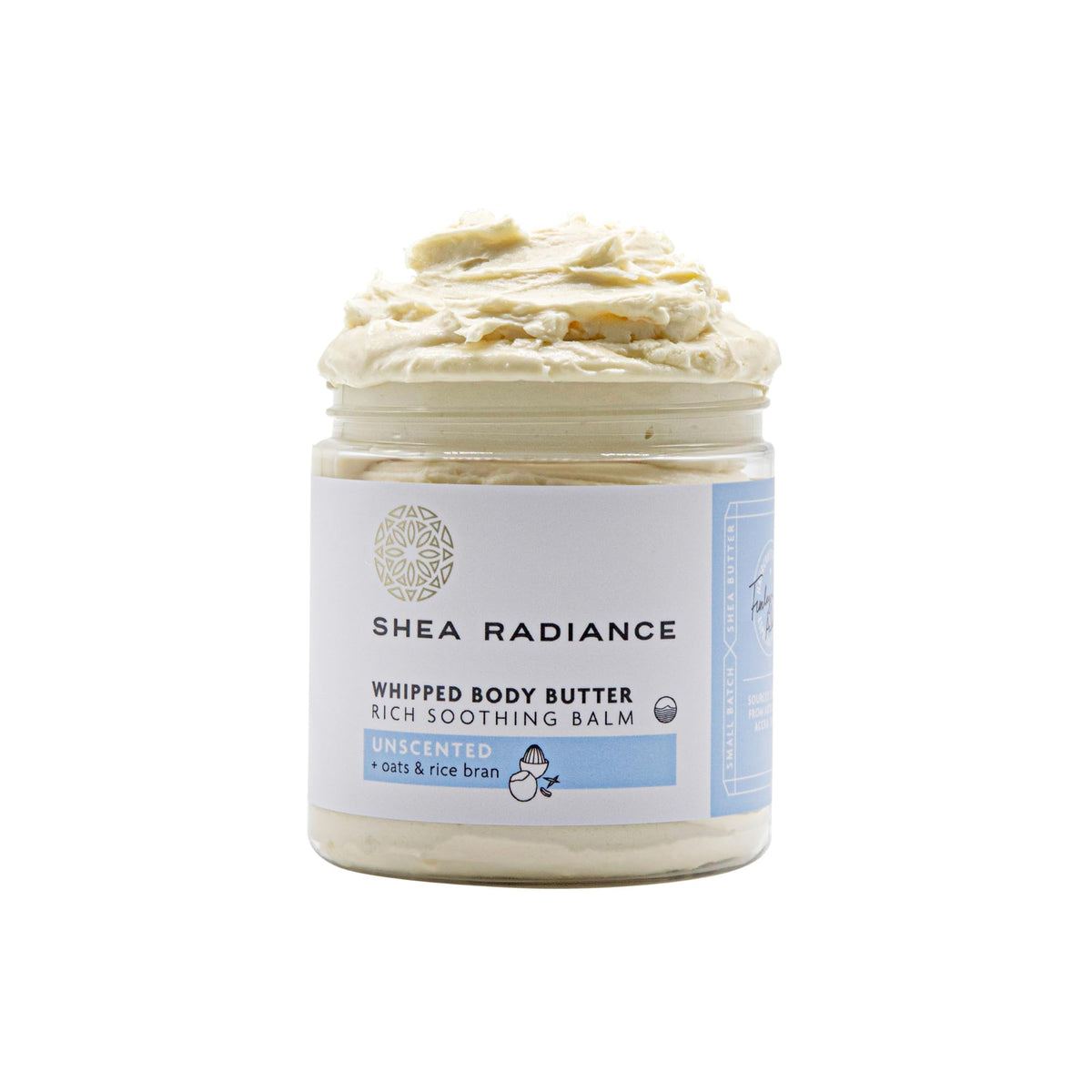 Shea Radiance front jar showing clean unscented packaging and size benefit