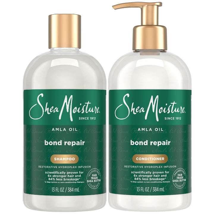 SheaMoisture front packaging showing the amla bond repair set and clear benefit