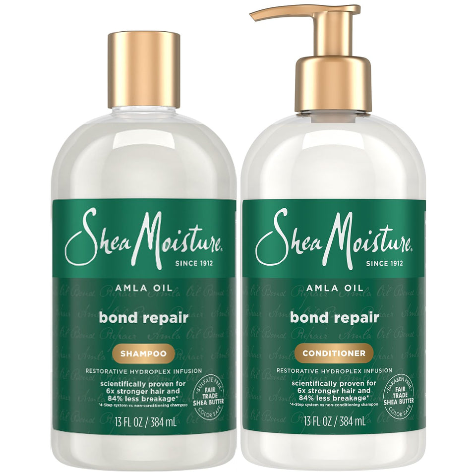 SheaMoisture front packaging showing the amla bond repair set and clear benefit