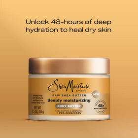 Applying SheaMoisture body butter to an elbow to show targeted hydration and improved texture