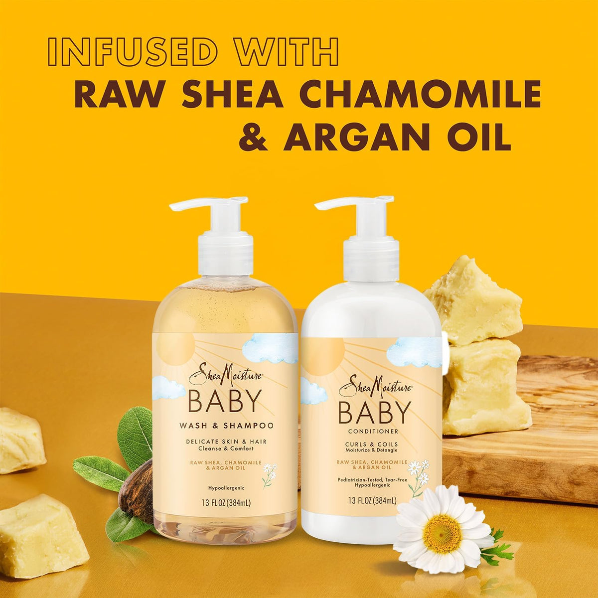 SheaMoisture baby shampoo and body wash pouring into a caregiver's palm for easy bath use