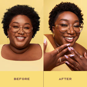 Before and after images with SheaMoisture showing reduced frizz and improved shine