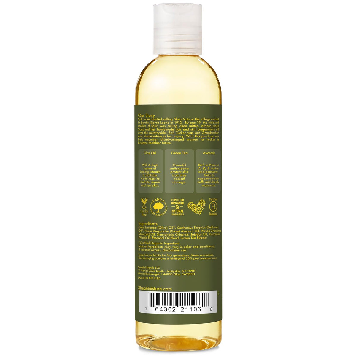 SheaMoisture close-up of label highlighting ingredients and clean formulation benefit
