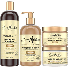 SheaMoisture bundle front packaging showing all four bottles and repair benefits