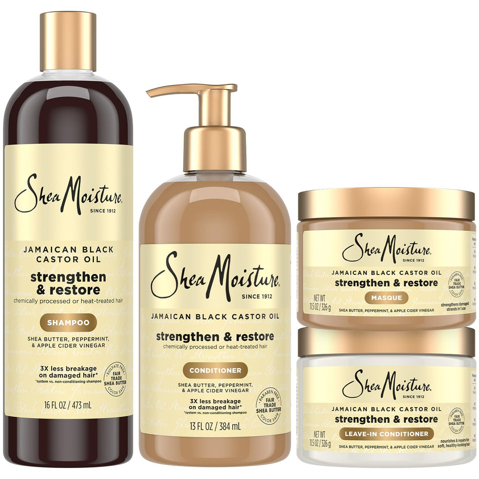 SheaMoisture bundle front packaging showing all four bottles and repair benefits