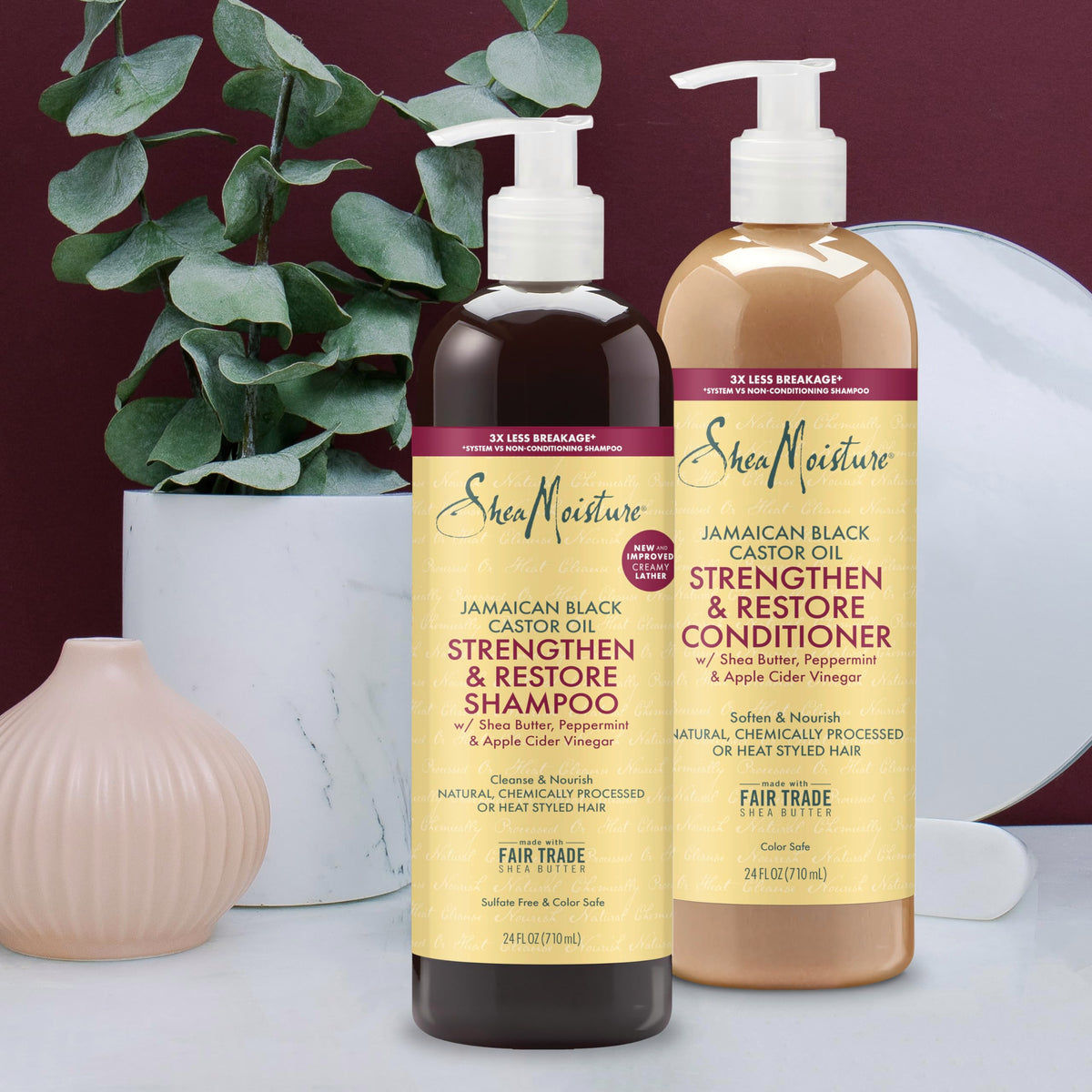 SheaMoisture bundle styled on bathroom shelf, conveys daily routine convenience