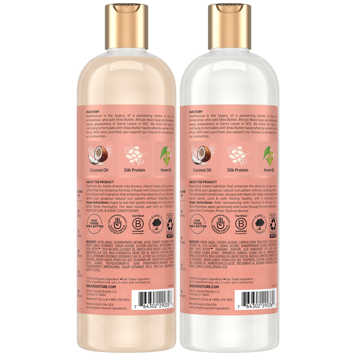 SheaMoisture shampoo bottle close-up highlighting pump and ingredient callouts