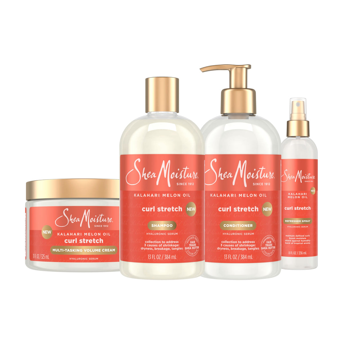 Shea Moisture front packaging of full curl stretch 4‑pack shows products and benefits