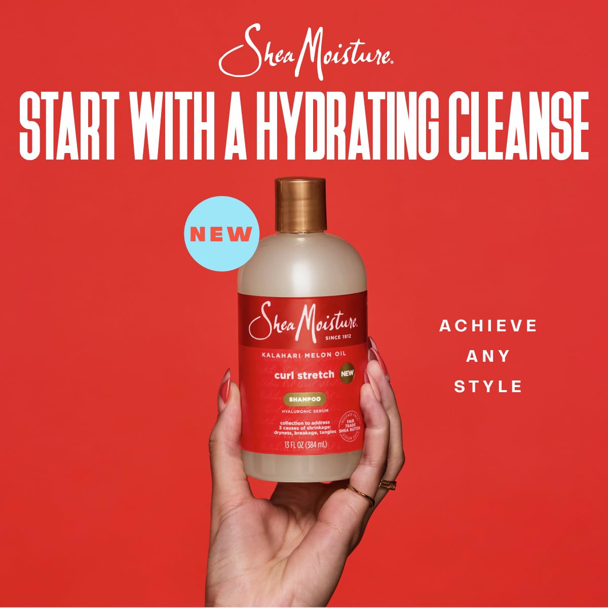Shea Moisture shampoo pouring into palm illustrating gentle cleansing without stripping