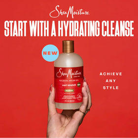 Shea Moisture shampoo pouring into palm illustrating gentle cleansing without stripping