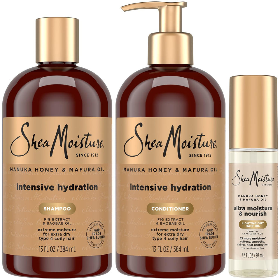 SheaMoisture front bundle view showing bottles and cohesive branding for hydration