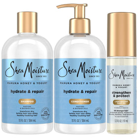 SheaMoisture front packaging showing full shampoo conditioner and oil set benefits