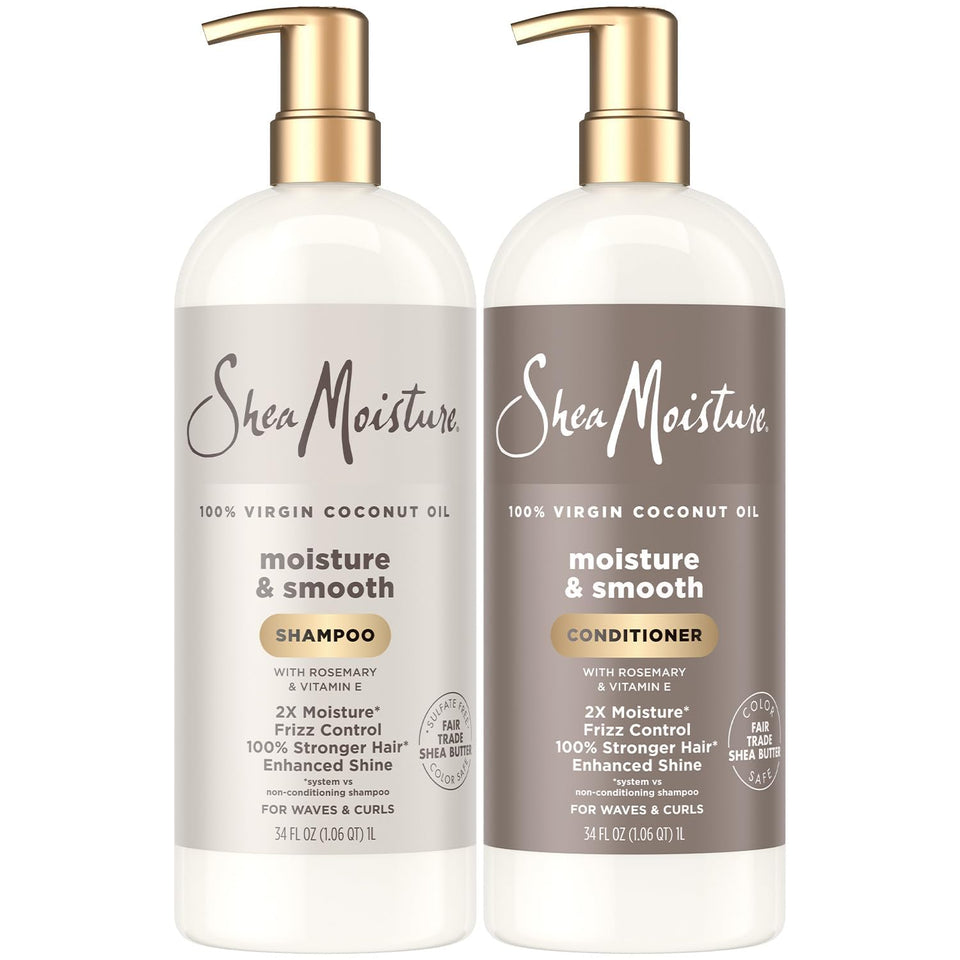 SheaMoisture front packaging showing moisturizing shampoo and conditioner benefits