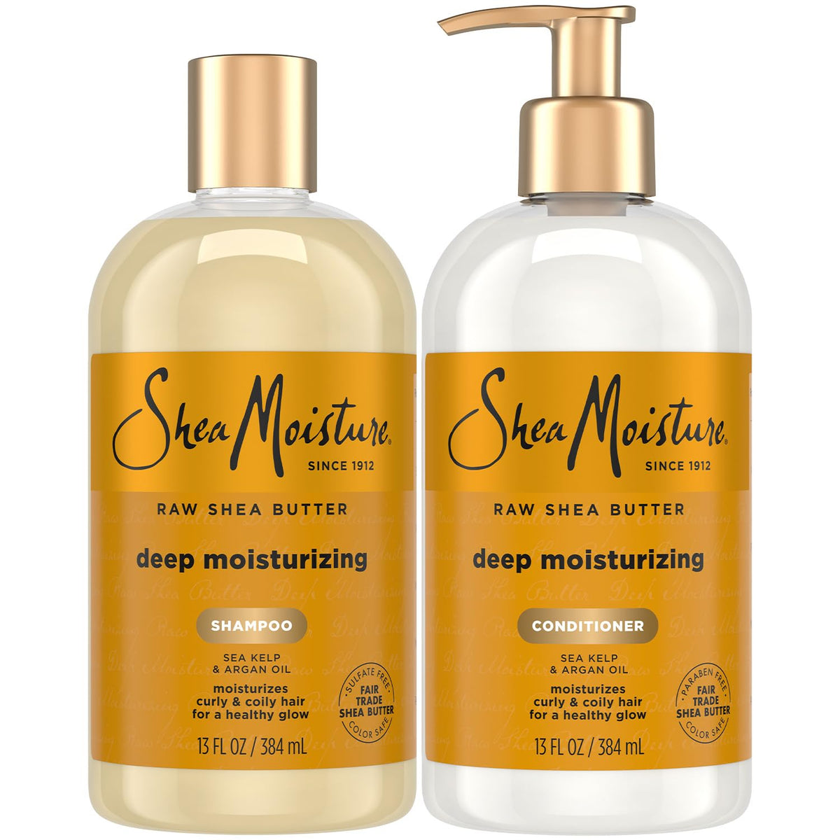 SheaMoisture front packaging showing both 13 oz bottles and product benefits