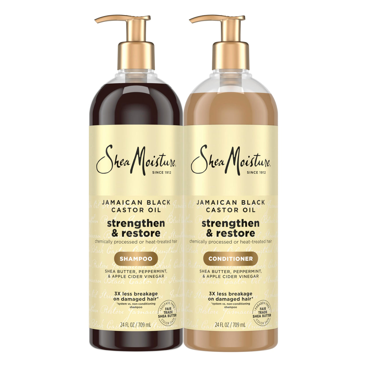 SheaMoisture front packaging showing shampoo and conditioner, promotes hydration