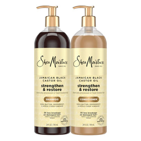 SheaMoisture front packaging showing shampoo and conditioner, promotes hydration
