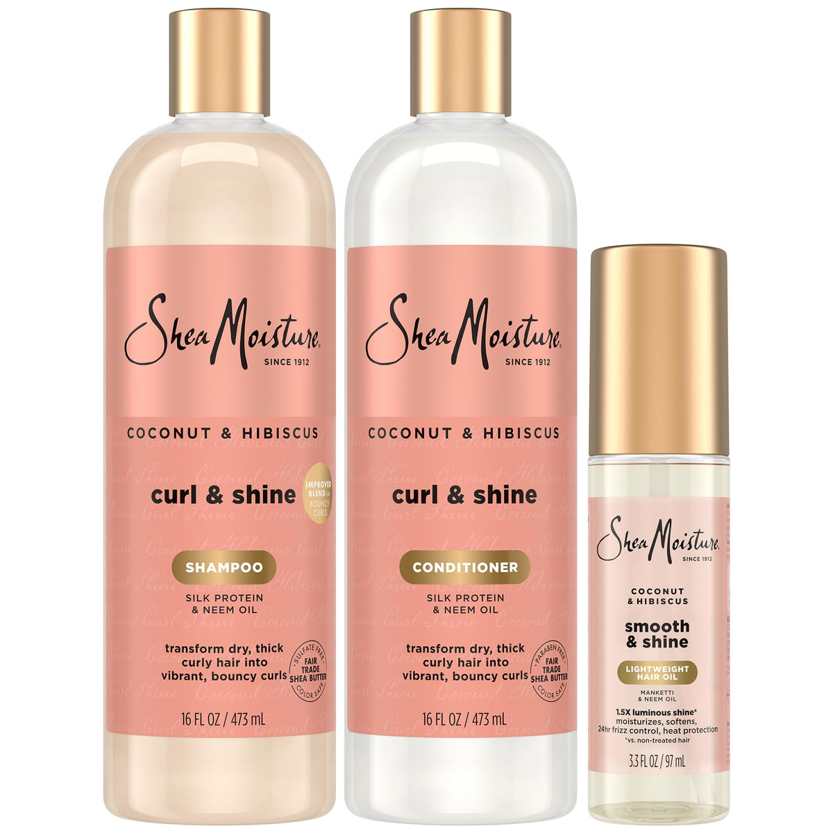 SheaMoisture front packaging trio showing bottles and product benefits