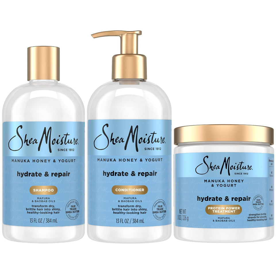 SheaMoisture front packaging showing full hydrate and repair set for easy identification and benefits