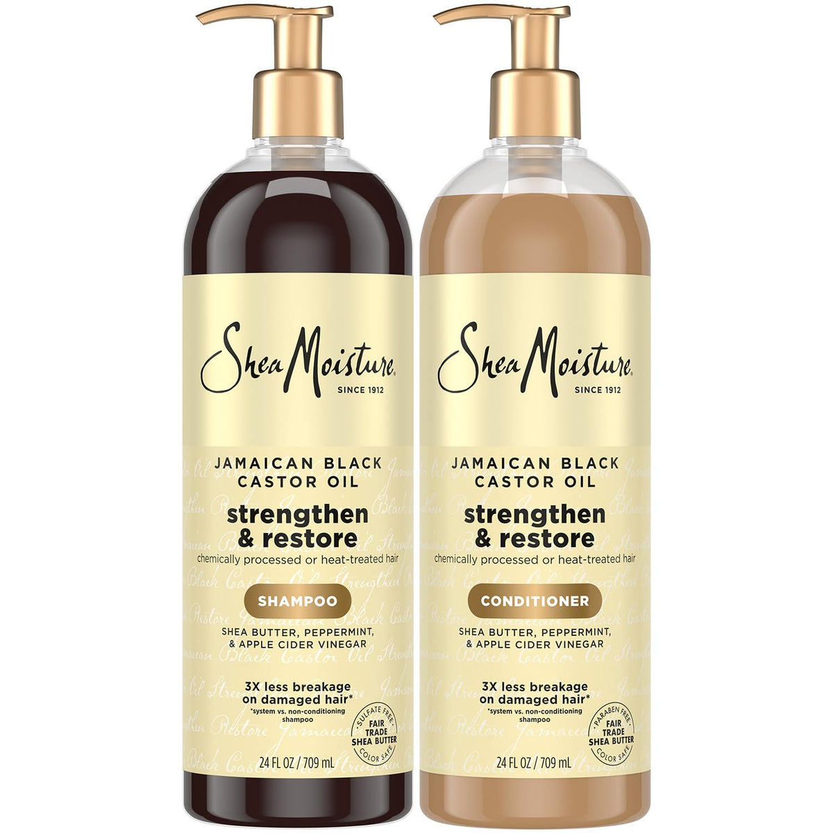 SheaMoisture front view of pump bottles showing full-size 24 oz convenience and clarity