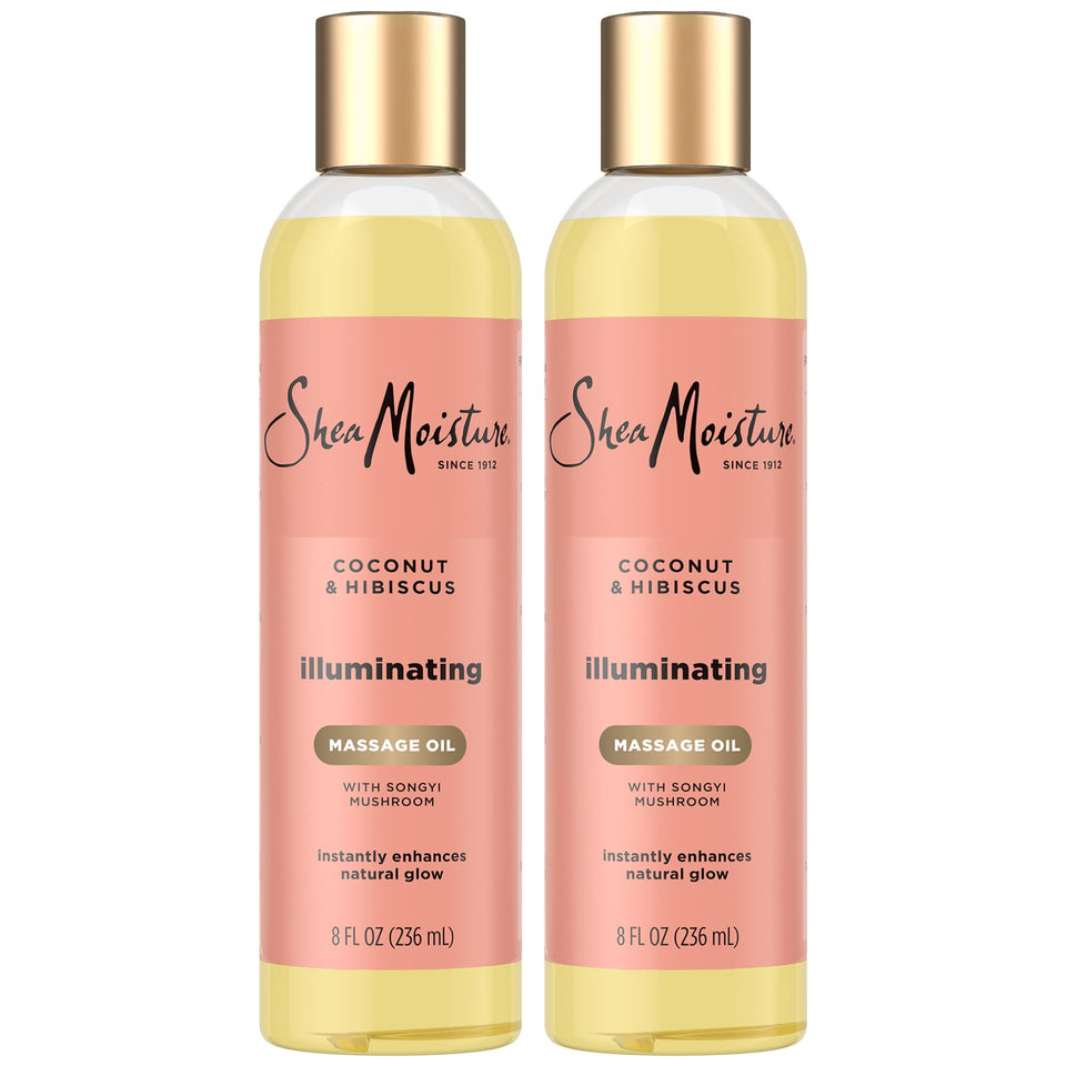 SheaMoisture front packaging showing two bottles and product benefits